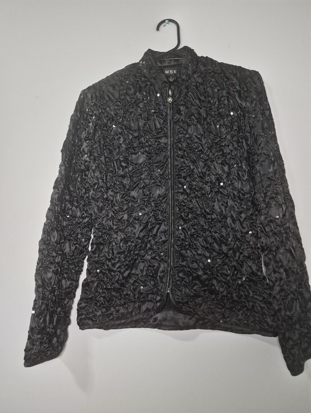 MSK Black Crinkle Satin Sequin Jacket Padded Shoulder Rhinestone Zip S